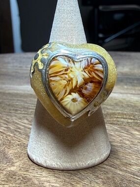 Alan K Heart-Shaped Yellow Mosaic and Brown Murano Glass Sterling Ring